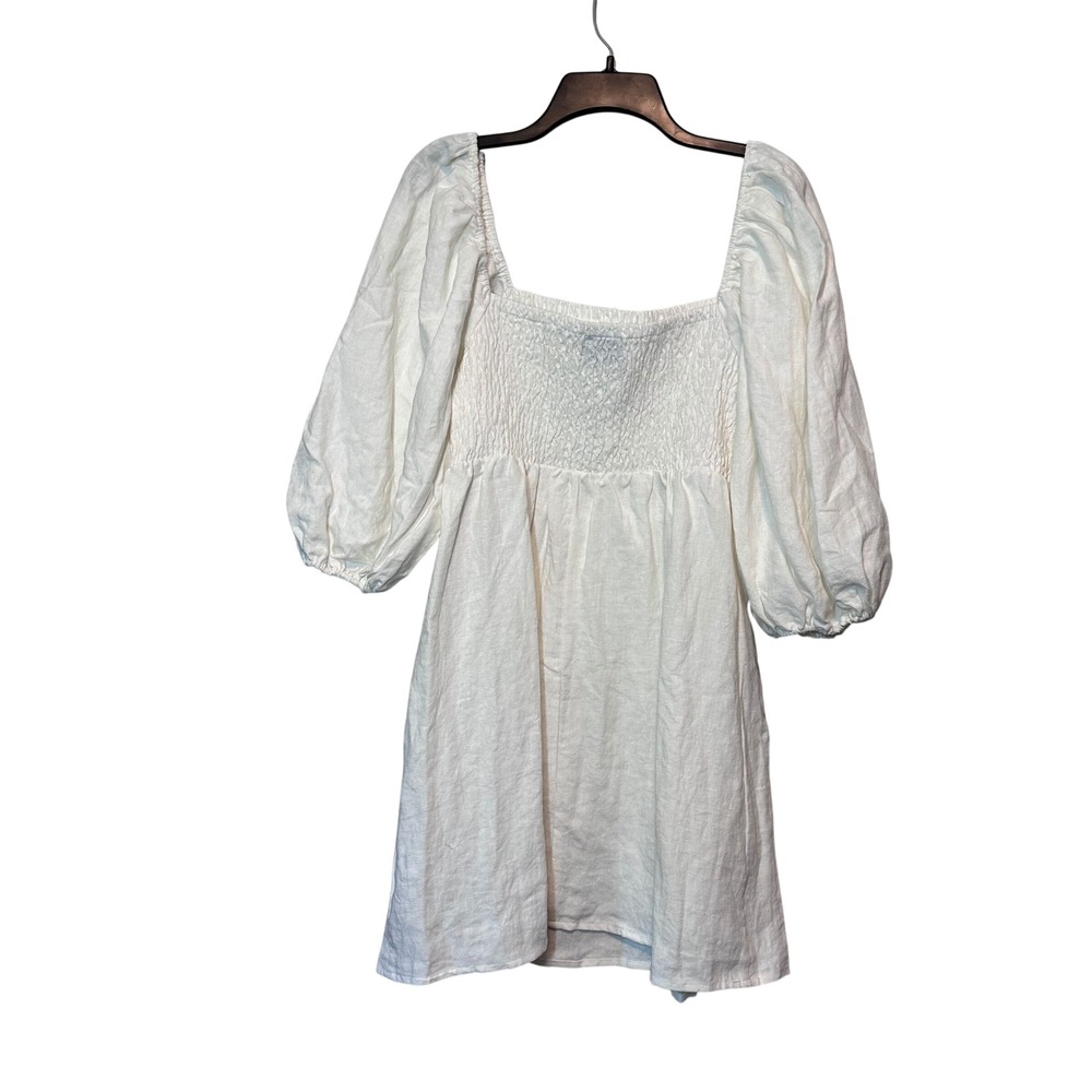 Tuckernuck Off White 100% Linen Smocked Puff Sleeve Mini Dress XL R20650T Womens - Picture 3 of 6